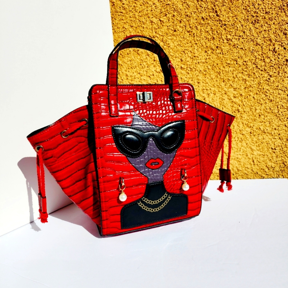 3D Lady Face Red Crocodile Pattern Leather Top Handle Women's Crossbody Bag - Picture 2 of 8